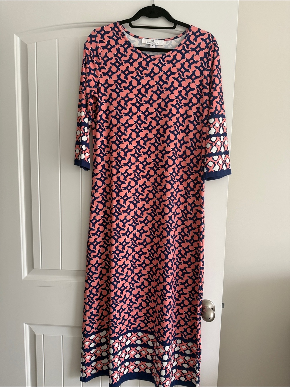 Pink and Navy Geo-Print Midi Dress with Three-Quarter Sleeves